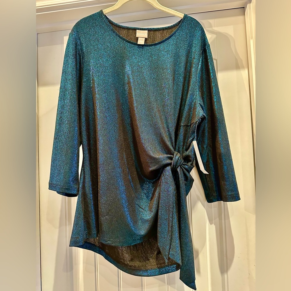 Chico's Shimmer Side Twist Tie Blouse with 3/4 sleeves in Twilight Green.